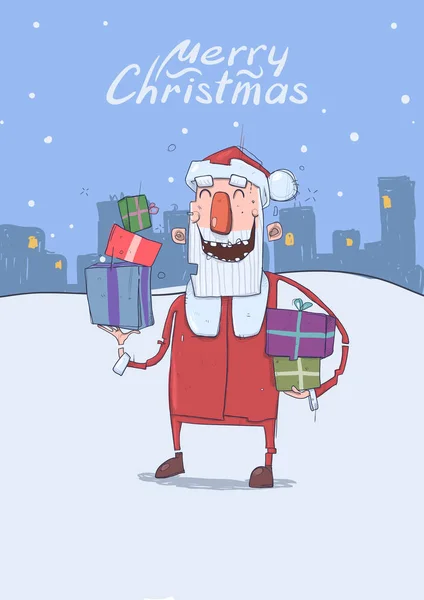 Tarjeta de Navidad de Santa Claus divertido sonriendo. Santa Claus lleva regalos en cajas de colores sobre fondo nevado de la ciudad. Ilustración vectorial vertical. Personaje de dibujos animados. Letras. Copiar espacio . — Vector de stock