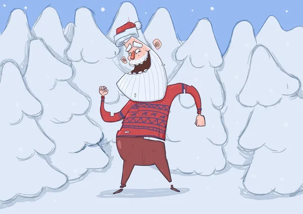 Cartão de Natal de Papai Noel engraçado sorrindo e dançando na floresta. Papai Noel em danças de suéter de veado e mãos de ondas na frente de árvores nevadas. Ilustração vetorial horizontal. Personagem dos desenhos animados . —  Vetores de Stock