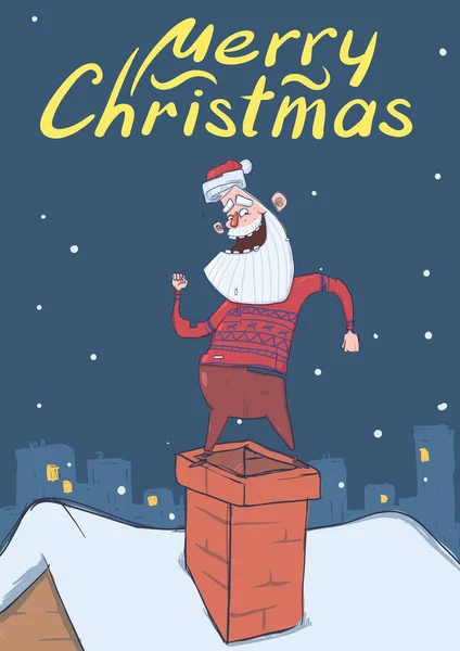 Tarjeta de Navidad con Santa Claus divertido sonriendo y bailando en una chimenea en el fondo de la ciudad noche nevada. Santa en jersey de ciervo. Ilustración vectorial vertical. Personaje de dibujos animados. Letras. Copiar espacio . — Vector de stock