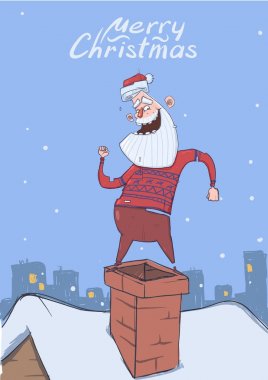 Noel kartı bir baca karlı şehir arka plan üzerinde dans komik Santa Claus. Gülümseyen Santa çatıda geyik süveterli. Dikey vektör çizim. Çizgi film karakteri. Yazı. Kopya alanı.