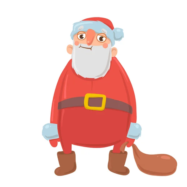 Engraçado perplexo Papai Noel com saco de presentes no fundo branco. Papai Noel parece cansado, confuso ou divertido. Feliz Natal e Feliz Ano Novo. Ilustração vetorial isolada. Personagem dos desenhos animados . — Vetor de Stock