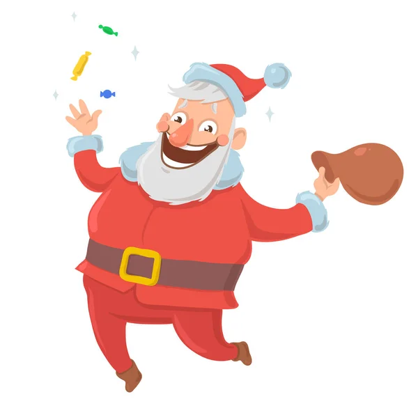 Feliz sorriso Papai Noel joga doces no ar e salta de alegria com saco de presentes no fundo branco. Feliz Natal e Feliz Ano Novo. Ilustração vetorial isolada. Personagem dos desenhos animados . — Vetor de Stock