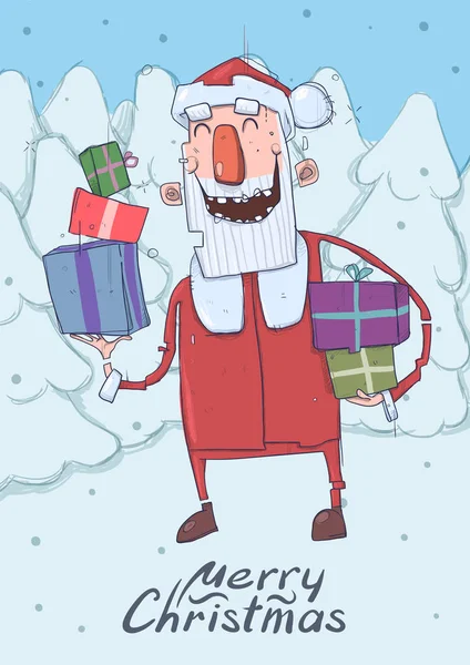 Christmas card of funny smiling Santa Claus with presents. Santa carries gifts in colorful boxes through snowy fir forest. Vertical vector illustration. Cartoon character with lettering. Copy space. — ストックベクタ