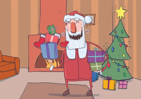 Engraçado sorrindo Papai Noel traz caixas coloridas de presentes. Quarto decorado de Natal com lareira, meias e árvore de Natal. Ilustração vetorial horizontal. Personagem dos desenhos animados . — Vetor de Stock