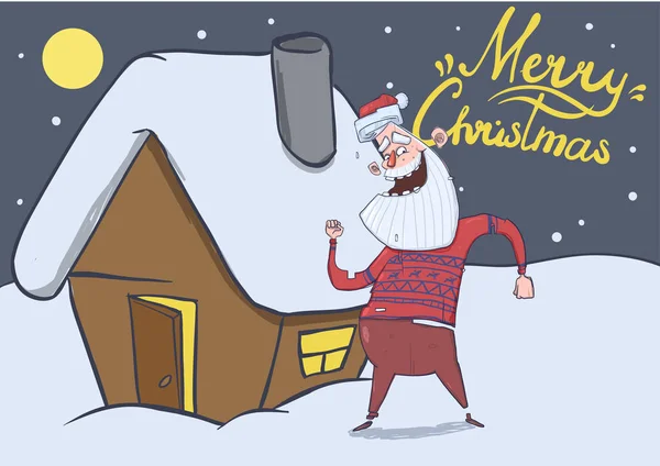 Komik Noel Baba eve karlı gecede dans ile Noel kartı. Gülümseyen Santa geyik kazaklı ayın altında. Yatay vektör çizim. Çizgi film karakteri. Yazı. Kopya alanı. — Stok Vektör