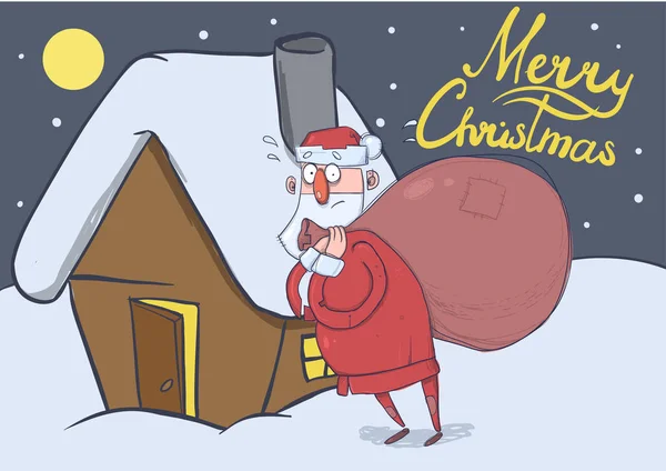 Komik Noel Baba evinin yanındaki büyük çanta ayakta karlı gecede ile Noel kartı. Noel Baba kayıp ve karışık görünüyor. Yatay vektör çizim. Çizgi film karakteri. Yazı. Kopya alanı. — Stok Vektör