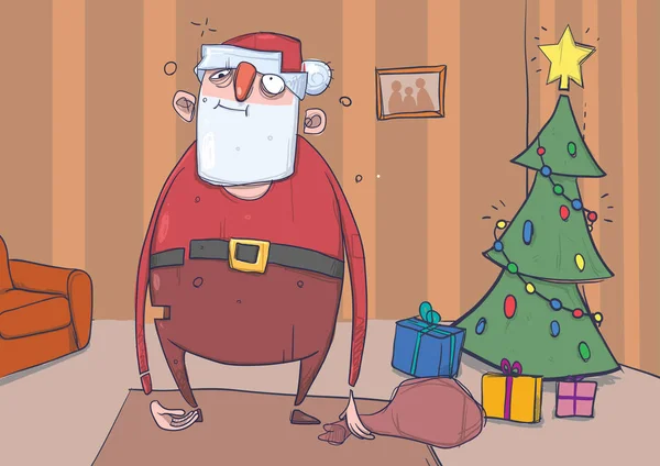 Engraçado bêbado Papai Noel com um saco em uma sala com árvore de Natal decoreted e presentes coloridos. Feliz Pai Natal desperdiçado. Ilustração vetorial horizontal. Personagem dos desenhos animados . — Vetor de Stock