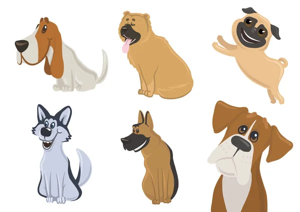 Conjunto de perros divertidos en diferentes estados emocionales. Los perros amigables expresan sus sentimientos con bozal y postura. Conjunto de ilustraciones vectoriales aisladas en blanco. Estilo de dibujos animados . — Vector de stock