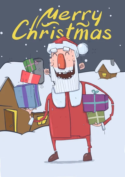 Tarjeta de Navidad con Santa Claus sonriente divertido. Santa con cajas de colores cerca de casas festivas en la noche nevada. Ilustración vectorial vertical. Personaje de dibujos animados con letras. Copiar espacio . — Vector de stock