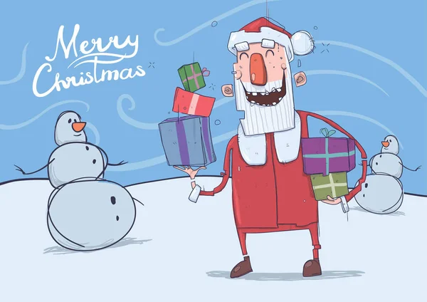 Tarjeta de Navidad de Santa Claus sonriente divertido. Santa trae regalos en cajas de colores pasado muñecos de nieve. Clima ventoso helado. Ilustración vectorial horizontal. Personajes de dibujos con letras. Copiar espacio . — Vector de stock