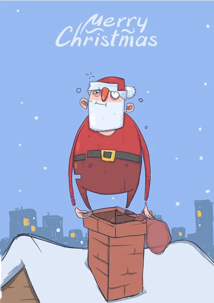 Tarjeta de Navidad de Santa Claus borracho divertido con una bolsa en una chimenea en la ciudad nevada. Feliz Santa Claus se desperdició. Ilustración vectorial vertical. Personaje de dibujos animados. Letras con espacio de copia . — Vector de stock