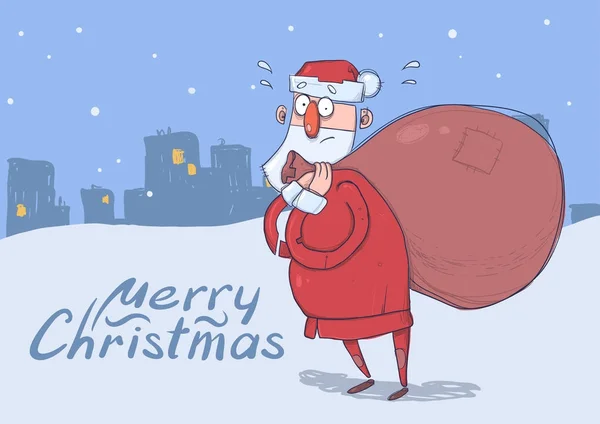 Weihnachtskarte von lustigen verwirrten Weihnachtsmännern mit großen Geschenktüten auf verschneitem Stadthintergrund. Der Weihnachtsmann sieht verlegen aus. horizontale Vektordarstellung. Zeichentrickfigur. Schriftzug. Kopierraum. Stockillustration