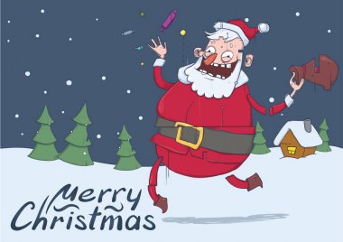 Komik Noel Baba ile Noel kartı. Santa hediyeler getiriyor ve şekerler havaya atar. Noel ağaçları, karlı hava. Yatay vektör çizim. Yazı ile çizgi film karakteri. Kopya alanı.