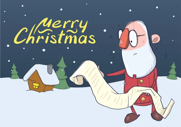 Tarjeta de Navidad de Papá Noel sin sombrero en gafas leyendo un largo pergamino en la noche nevada frente a la casa y los árboles. Ilustración vectorial horizontal. Personaje de dibujos animados. Letras. Copiar espacio . — Vector de stock