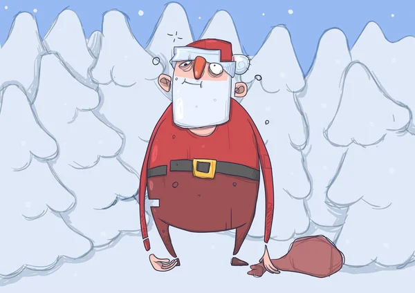 Смешной пьяный Санта Клаус с пустой сумкой в снежном еловом лесу. Пустая счастливая Санта Клаус потерялся. Горизонтальная векторная иллюстрация. Персонаж мультфильма . — стоковый вектор
