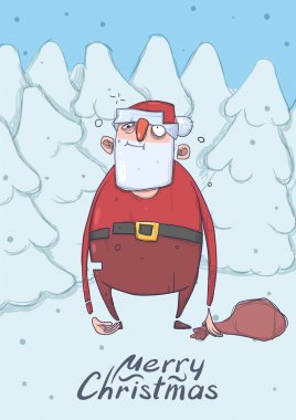 Bir torba içinde karlı çam ormanı ile komik sarhoş Santa cümlecik Noel kartı. Mutlu boşa Noel Baba kayboldu. Dikey vektör çizim. Çizgi film karakteri. Kopya alanı ile yazı.