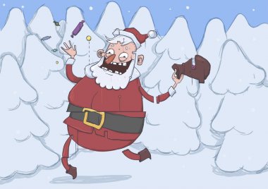 Komik gülümseyen Noel Baba hediyeler getiriyor ve şeker beyaz karlı ağaçları arasında hava atar. Yatay vektör çizim. Çizgi film karakteri.