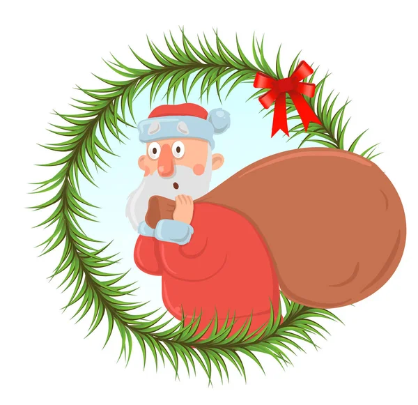 Χριστουγεννιάτικη κάρτα με αστεία τον Άγιο Βασίλη που μεταφέρουν μεγάλη τσάντα παρουσιάζει. Santa φαίνεται αμηχανία και σύγχυση. Γύρος πλαισίων κλάδων ελάτης, στοιχείο σχεδίου. Εικονογράφηση διάνυσμα χαρακτήρα κινουμένων σχεδίων. — Διανυσματικό Αρχείο