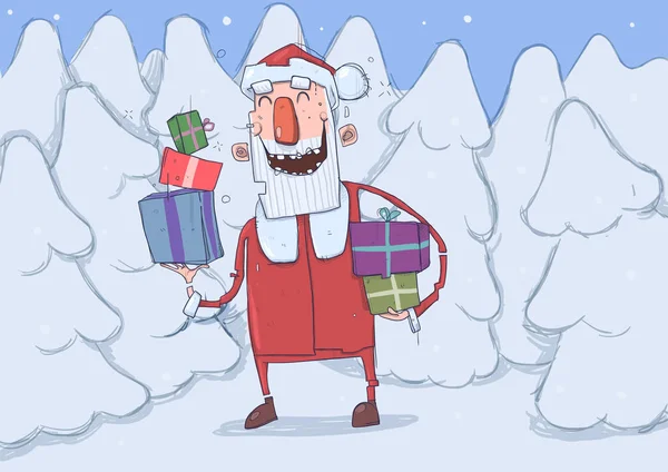 Weihnachtskarte mit lustig lächelndem Weihnachtsmann mit Geschenken. Weihnachtsmann trägt Geschenke in bunten Schachteln durch schneebedeckten Tannenwald. horizontale Vektordarstellung. Zeichentrickfigur. — Stockvektor