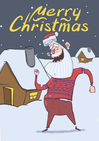 Tarjeta de Navidad de Santa Claus divertido sonriendo y bailando por casas festivas en la noche nevada. Santa en suéter de ciervo baila. Ilustración vectorial vertical. Personaje de dibujos animados. Letras. Copiar espacio . — Vector de stock