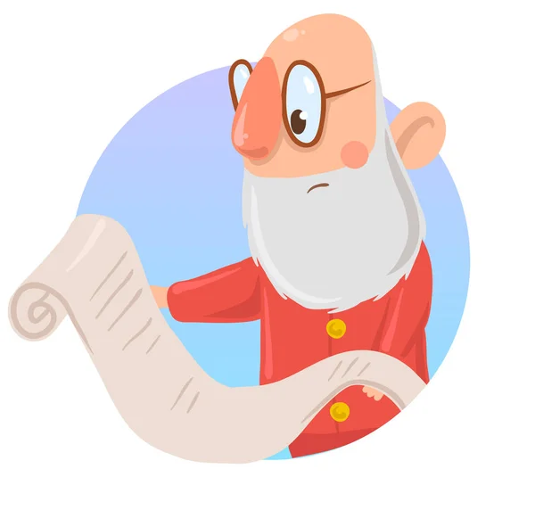 Funny Santa Claus en gafas lee una larga lista de deseos. Aislado sobre fondo blanco. Elemento de diseño redondo, pegatina. Dibujos animados carácter vector ilustración . — Archivo Imágenes Vectoriales