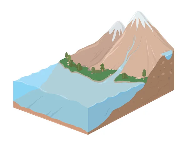 Fatia de terra com paisagem montanhosa e oceano, ilustração vetorial . —  Vetores de Stock