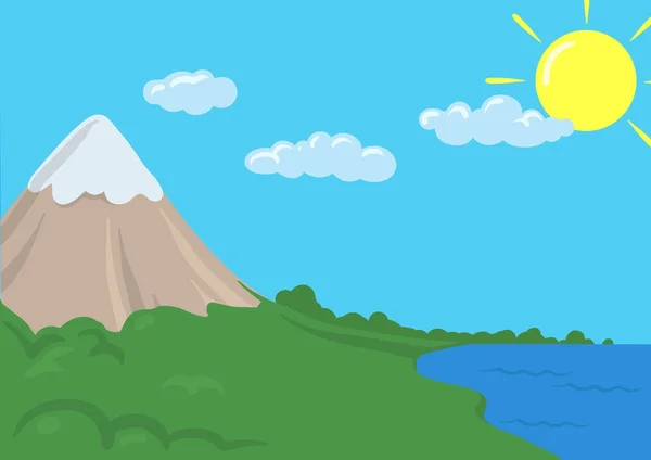 Peisaj vectorial de desene animate cu munte și mare. Ilustrație vectorială . — Vector de stoc