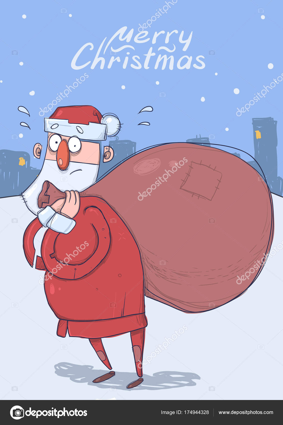 Carte De Noel De Drole De Pere Noel Confus Avec Grand Sac De Cadeaux Sur Fond Carte De Noel De Drole De Pere Noel Confus Avec Grand Sac De Cadeaux Sur Fond
