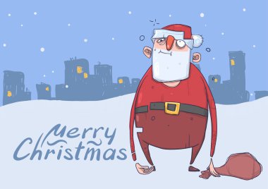 Karlı şehir arka plan akşam üzerinde bir çanta ile komik sarhoş Santa cümlecik Noel kartı. Mutlu Noel Baba heba olmuşsun diyorlar. Yatay vektör çizim. Çizgi film karakteri. Kopya alanı ile yazı.
