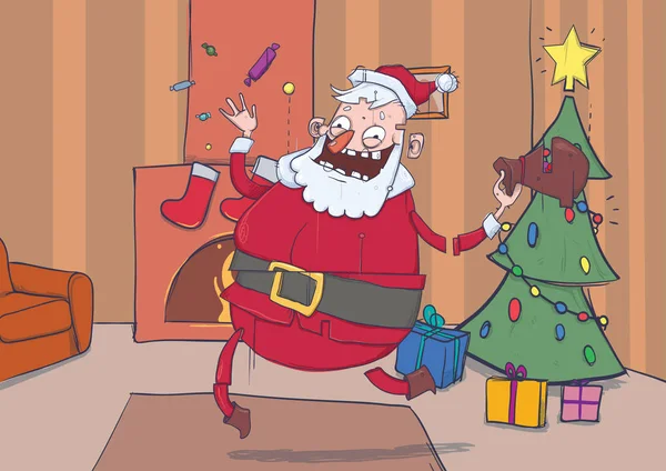 Santa Claus sonriente divertida trae regalos y lanza caramelos en el aire habitación decorada de Navidad con chimenea, medias y árbol de Navidad. Ilustración vectorial horizontal. Personaje de dibujos animados . — Vector de stock