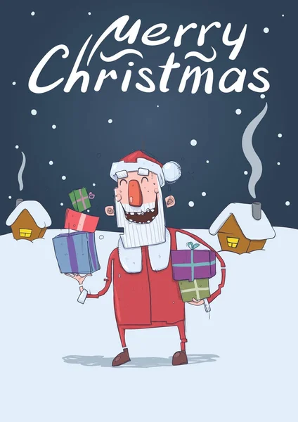 Tarjeta de Navidad de Santa Claus sonriente divertido. Santa Claus trae regalos en cajas de colores. Noche nevada, casas festivas. Ilustración vectorial vertical. Personaje de dibujos animados con letras. Copiar espacio . — Vector de stock