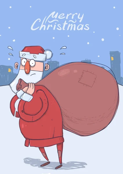 Weihnachtskarte von lustigen verwirrten Weihnachtsmännern mit großen Geschenktüten auf verschneitem Stadthintergrund. Der Weihnachtsmann sieht verlegen aus. vertikale Vektordarstellung. Zeichentrickfigur. Schriftzug. Kopierraum. Stockvektor