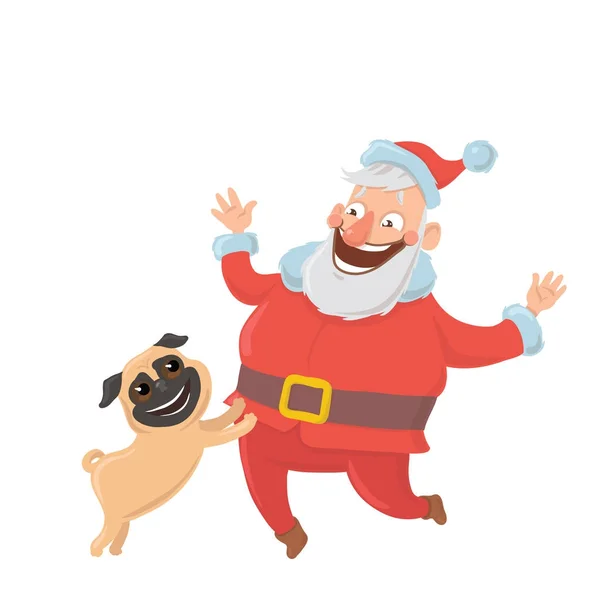 Feliz Pai Natal com o cão. Caracteres de cartões de anos novos do ano do cão segundo o calendário oriental. Ilustração vetorial, isolada sobre fundo branco . — Vetor de Stock