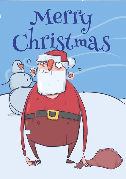 Kerstkaart van grappig dronken Kerstman met een tas die naast sneeuwpop in ijzig winderig weer. Happy Santa verspild. Verticale vectorillustratie. Stripfiguur. Belettering. Kopiëren van ruimte. — Stockvector