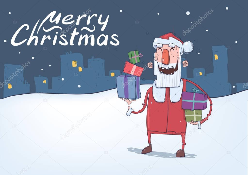 Christmas card with funny smiling Santa Claus. Santa carries presents in colorful boxes on snowy night city background. Horizontal vector illustration. Cartoon character. Lettering. Copy space.
