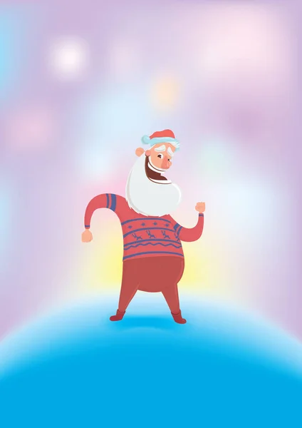 Feliz Papai Noel em camisola de veado vermelho dançando em fundo colorido brilhante. Feliz Natal e Feliz Ano Novo. Ilustração vetorial. Personagem dos desenhos animados . — Vetor de Stock