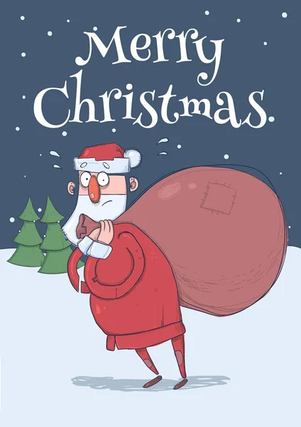 Tarjeta de Navidad de Santa Claus confundido divertido con bolsa grande en la noche nevada frente a los abetos. Santa parece perdido. Ilustración vectorial vertical. Personaje de dibujos animados. Letras. Copiar espacio . — Vector de stock