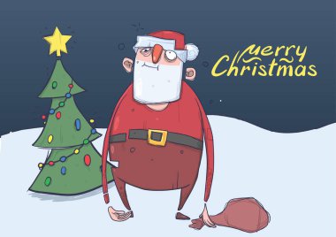 Karlı gecede Noel ağacının yanındaki bekleyen bir çanta ile komik sarhoş Santa cümlecik Noel kartı. Mutlu Noel Baba boşa. Yatay vektör çizim. Çizgi film karakteri. Yazı. Kopya alanı.