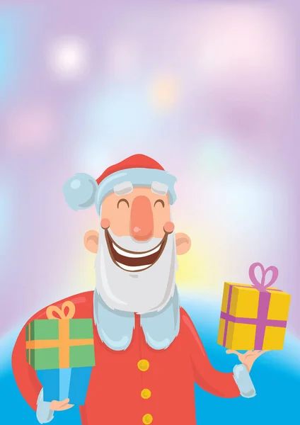 Funny sonriente Santa Claus lleva regalos en cajas de colores. Feliz Navidad y Feliz Año Nuevo. Ilustración vectorial. Personaje de dibujos animados sobre fondo colorido brillante . — Vector de stock