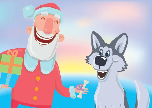 Feliz Pai Natal e um cão. Ano Novo e cartões de Natal do ano do cão segundo o calendário oriental. Personagens vetoriais Ilustração sobre fundo colorido brilhante . — Vetor de Stock