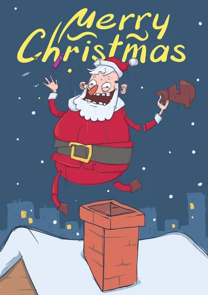 Kartki świąteczne z śmieszne Santa Claus. Santa przynosi prezenty i zgłasza cukierki w powietrzu. Boże Narodzenie drzew, snowy pogody. Ilustracja wektorowa pionowe. Postać z kreskówek z napisem. Miejsce. — Wektor stockowy