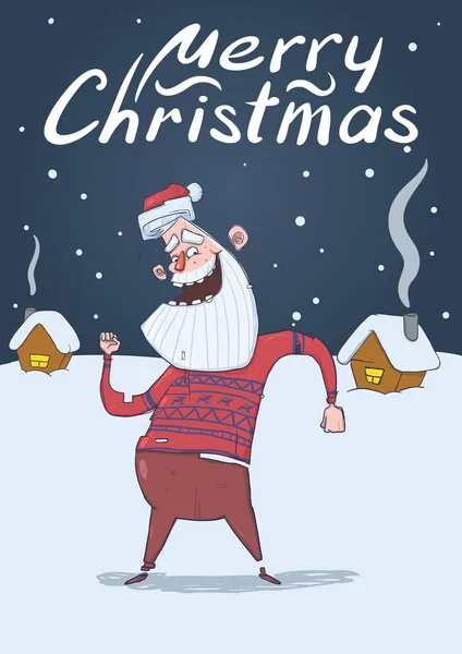 Tarjeta de Navidad de Papá Noel sonriente en jersey de ciervo bailando en la noche nevada frente a casas festivas. Ilustración vectorial vertical. Personaje de dibujos animados. Letras. Copiar espacio . — Archivo Imágenes Vectoriales