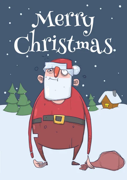 Tarjeta de Navidad de Papá Noel borracho divertido con una bolsa en la noche nevada frente a los árboles y una casa. Santa se emborrachó. Ilustración vectorial vertical. Personaje de dibujos animados. Letras con espacio de copia . — Vector de stock