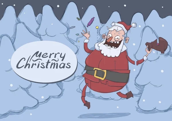 Χριστουγεννιάτικη κάρτα με αστεία χαμογελώντας τον Άγιο Βασίλη. Σάντα φέρνει δώρα και ρίχνει καραμέλες στον αέρα στο χιονισμένο δάσος. Οριζόντια διανυσματικά εικονογράφηση. Χαρακτήρα κινουμένων σχεδίων με την επιγραφή. Χώρο αντίγραφο. — Διανυσματικό Αρχείο