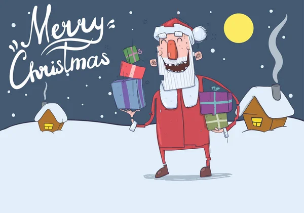 Tarjeta de Navidad de Santa Claus sonriente divertido. Santa Claus trae regalos en cajas de colores. Noche nevada, casas festivas. Ilustración vectorial horizontal. Personaje de dibujos animados con letras. Copiar espacio . — Vector de stock