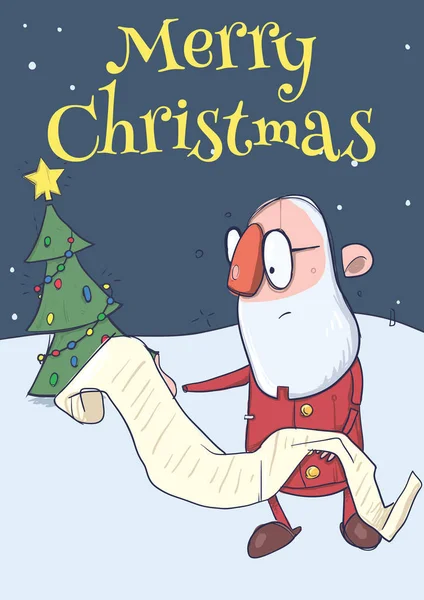 Tarjeta de Navidad de Santa Claus divertido en gafas de lectura de un largo pergamino junto al árbol de Navidad. Ilustración de caracteres vectoriales . — Vector de stock