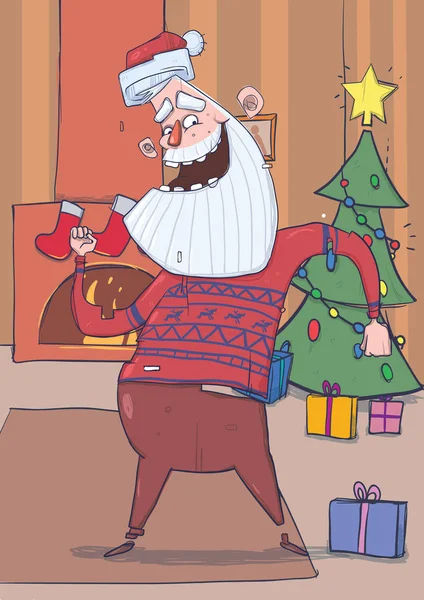 Αστεία Βασίλη σε ελάφια πουλόβερ χαμογελώντας και χορό στο διακοσμημένο δωμάτιο με Χριστουγεννιάτικο δέντρο, κάλτσες και τζάκι. Ευτυχισμένος Santa κύματα τα χέρια. Εικονογράφηση διάνυσμα κάθετο. Χαρακτήρα κινουμένων σχεδίων. — Διανυσματικό Αρχείο
