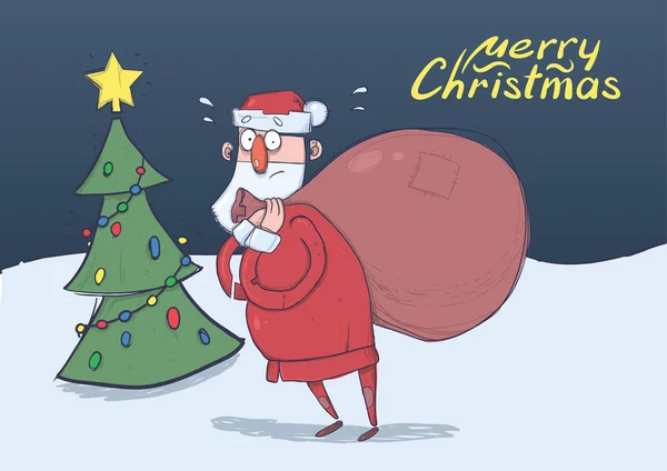 Tarjeta de Navidad de Santa Claus confundido divertido con bolsa grande delante del árbol de Navidad decorado en la noche. Santa parece perdido. Ilustración vectorial horizontal. Personaje de dibujos animados. Letras. Copiar espacio . — Vector de stock