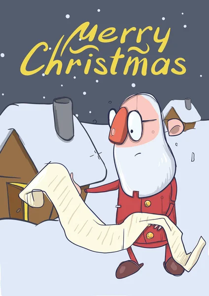 Kartki świąteczne Śmieszne Santa Claus w okulary czytanie długich przewijania obok domku. Ilustracja wektorowa postać. — Wektor stockowy