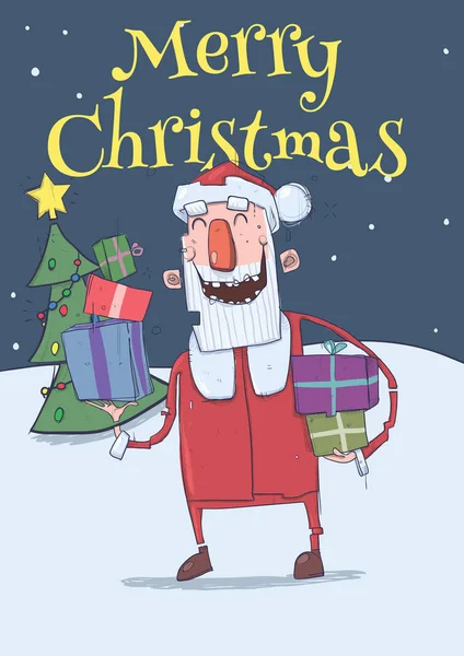 Tarjeta de Navidad de Santa Claus sonriente divertido. Santa trae regalos en cajas de colores. Árbol de Navidad, noche nevada. Ilustración vectorial vertical. Personaje de dibujos animados con letras. Copiar espacio . — Vector de stock